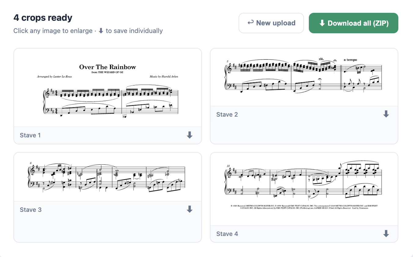 StaveCut results grid showing 4 cropped stave images ready to download